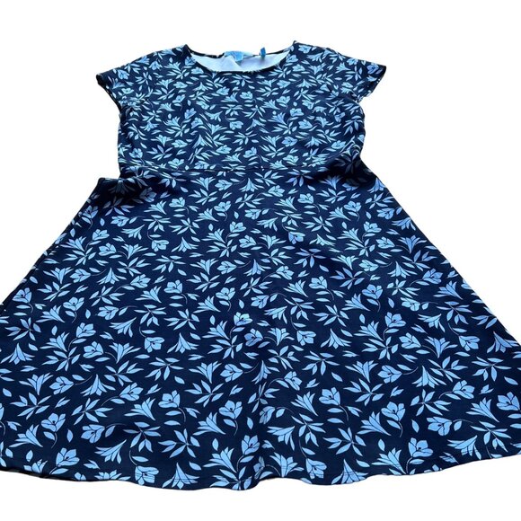 Draper James Size L Navy Blue Floral Print Ponte Knit Short Sleeve A-Line Dress - Picture 2 of 15